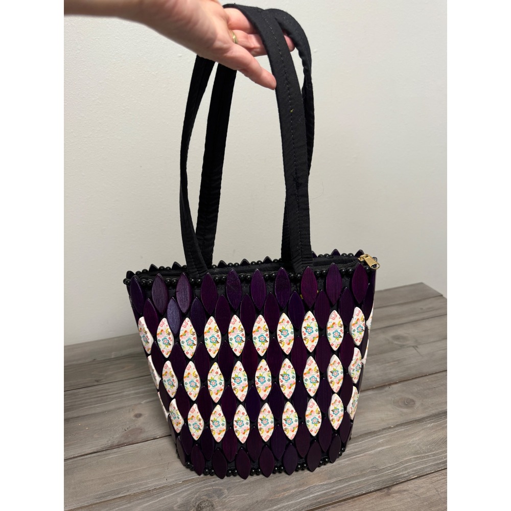 Handcrafted Purple Wood Petal Floral Beaded Tote Bag Boho Cottagecore Bag - Picture 3 of 13